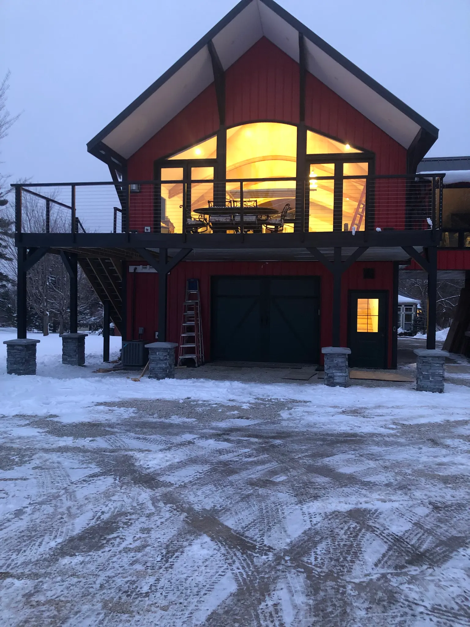 Red Barndominium at Dusk